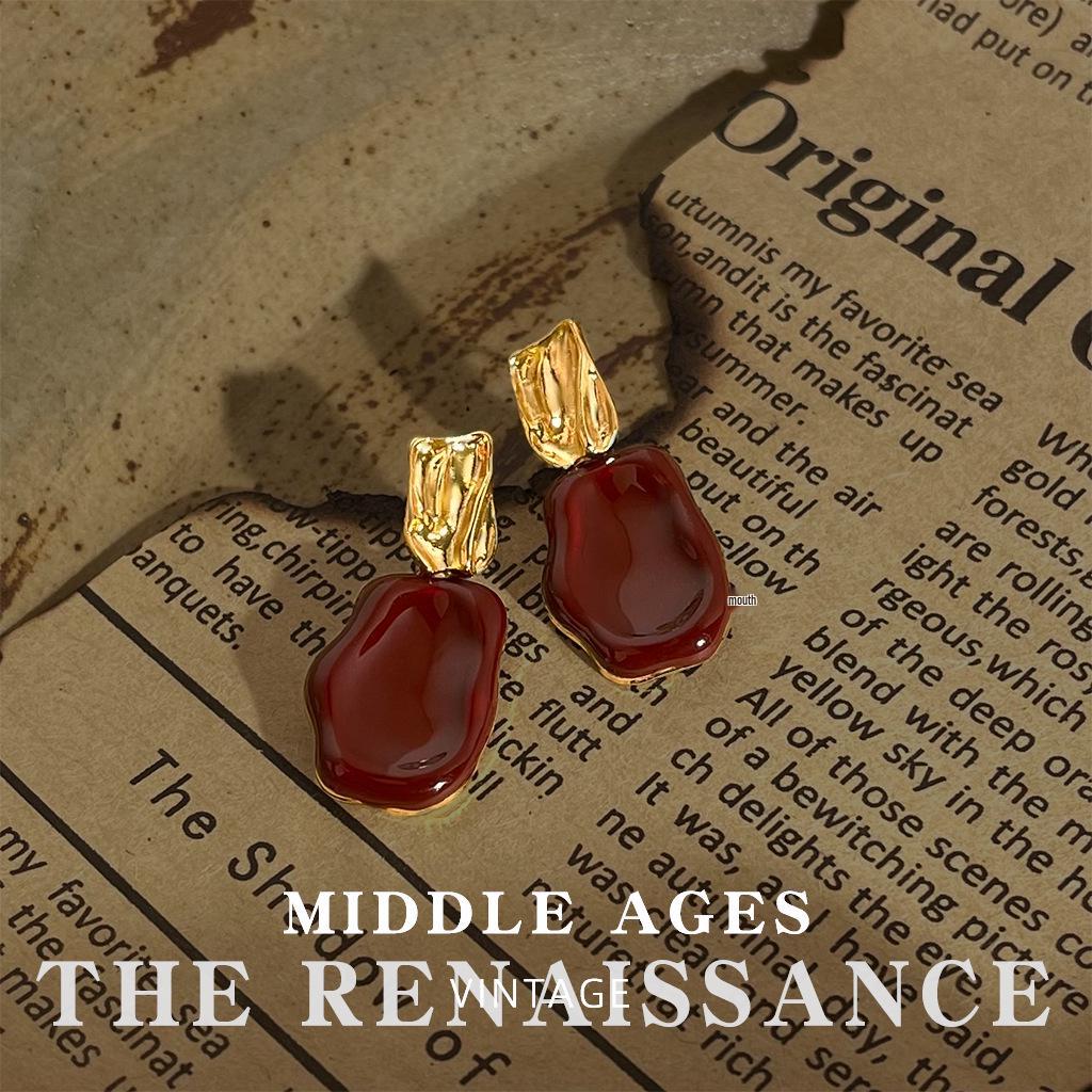 Vintage Burgundy Red Enamel Drop Earrings - Retro French Style Studs
