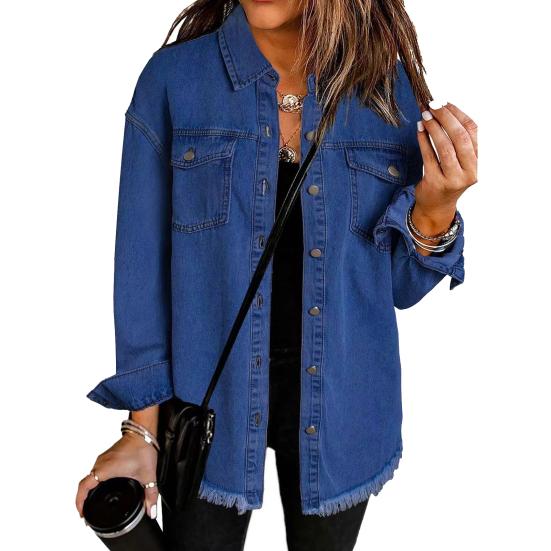 Women's Oversized Denim Jacket Button Up Distressed Jean Jacket Long Sleeve Frayed Hem Shacket Casual Fall Outfits