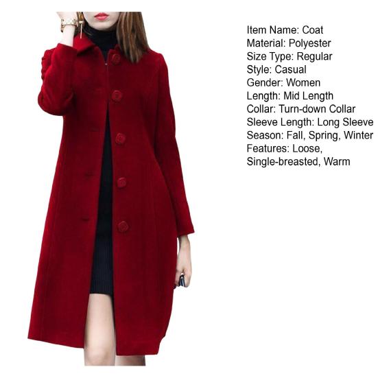 Lady Fall Winter Woolen Coat Turn-down Collar Single-breasted Loose Mid Length Thick Keep Warm Overcoat for Commuting Dating Travel