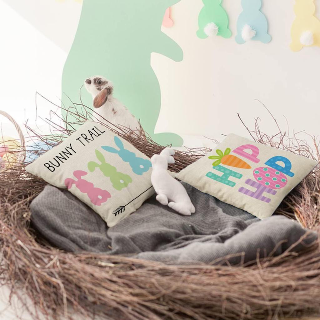 Easter Pillow Covers 18x18 Inch Set of 4PCS Easter Decorations Bunny Truck Hello Peeps Hip Hop Spring Farmhouse Throw Pillows Cover for Home Decor