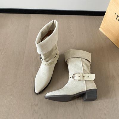 Женские высокие сапоги замшевые ретро двухсторонние сапоги средней высоты с острым носком женские новые осенние на толстом каблуке на среднем каблуке плиссированные ковбойские сапоги