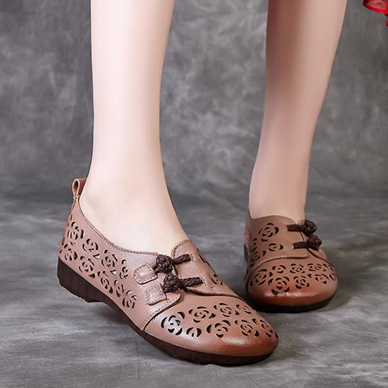Shoes New Sandals Women's Summer Breathable Hole Shoes First Layer Cowhide Mother Flat Non-slip Leather Shoes Retro Women's Shoes