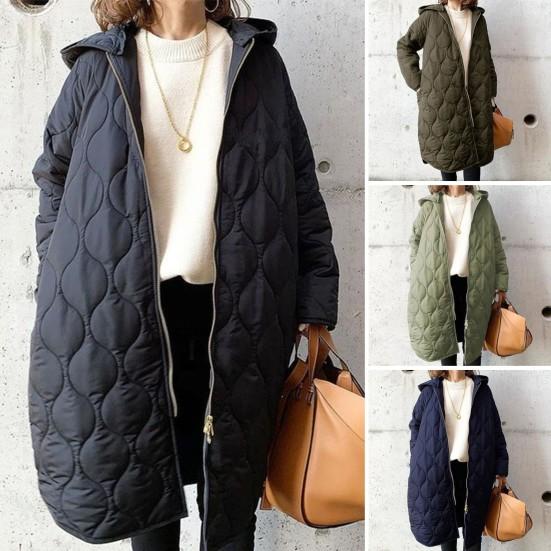Fall Winter Women Jacket Hooded Zip-up Rhombus Texture Thin Padded Long Sleeves