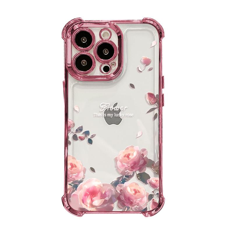 Розовый браслет с розой подходит для чехла мобильного телефона Apple 17 iphone15promax гальваническое покрытие 16 мягкий силикон 14 противоударный.