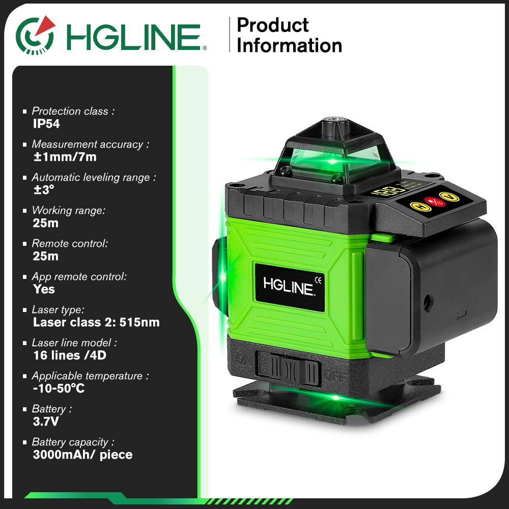 HGLINE 4D 16-линейный лазерный уровень с зеленым светом, лазерный луч, приложение для лазерного уровня, дистанционное управление, горизонтальные и вертикальные уровни, инструменты