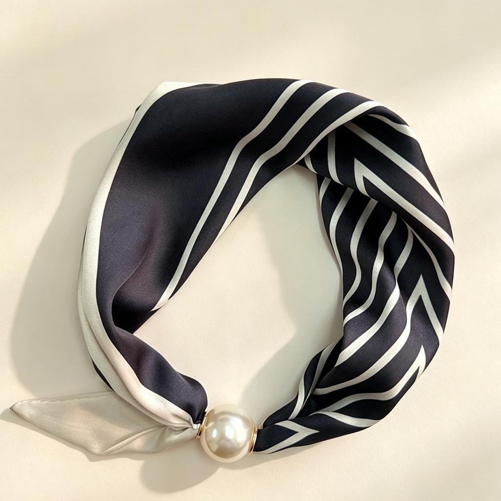 Spring and Summer French Light Luxury Small Square Scarf Pearl Necklace Magnetic Buckle Lazy Silk Scarf Women's Scarf Collarbone Chain Scarf