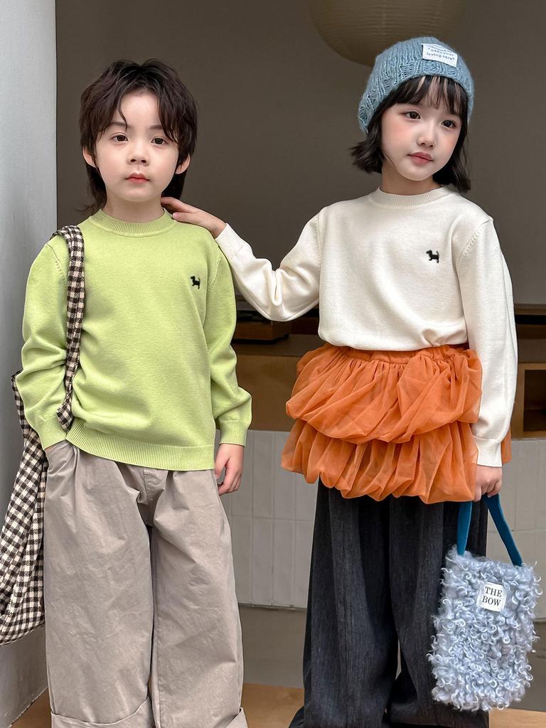 Детский вязаный свитер с круглым вырезом - Осень/Зима, Вышитый, Свободного кроя, Унисекс