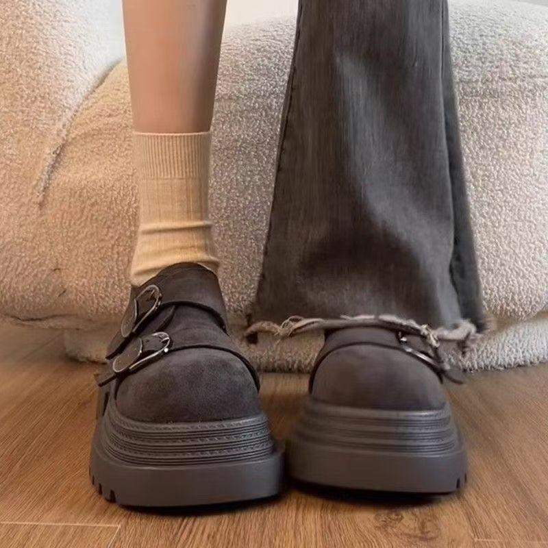 Smoke Gray Platform Shoes Heightened Retro British Style High Small Leather Shoes 2025 Autumn and Winter New Versatile Loafers