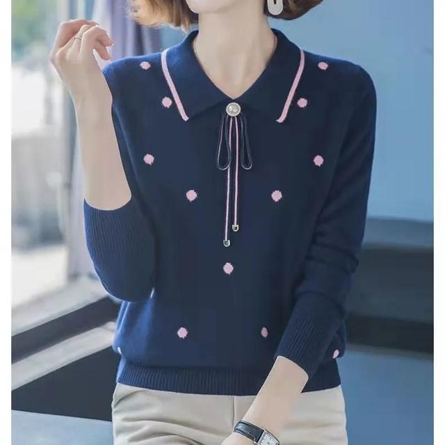 Middle-aged Mother Wear Lapel Pullover Oversized Sweater Slim Long-sleeve Womens Knitwear Bottoming Shirt Casual Tops