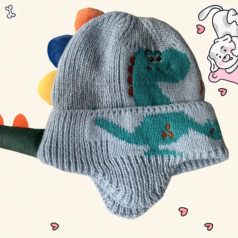 [Holiday Beanie] Lightweight White Acrylic Dinosaur Knit Beanie Hat | Holiday Themed Windproof Ear Protection for Ages 3-14 - Machine Washable