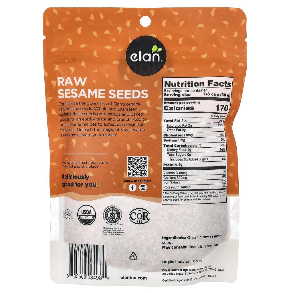 Elan Organic Whole Sesame Seeds, Unprocessed, 250g (8.8oz)