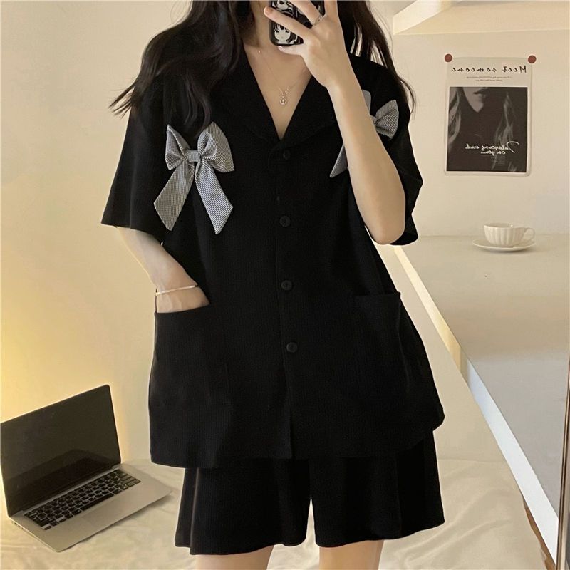 Летние пижамы, женские шорты с короткими рукавами, свободный кардиган с бантом, летний можно носить как домашний комплект одежды