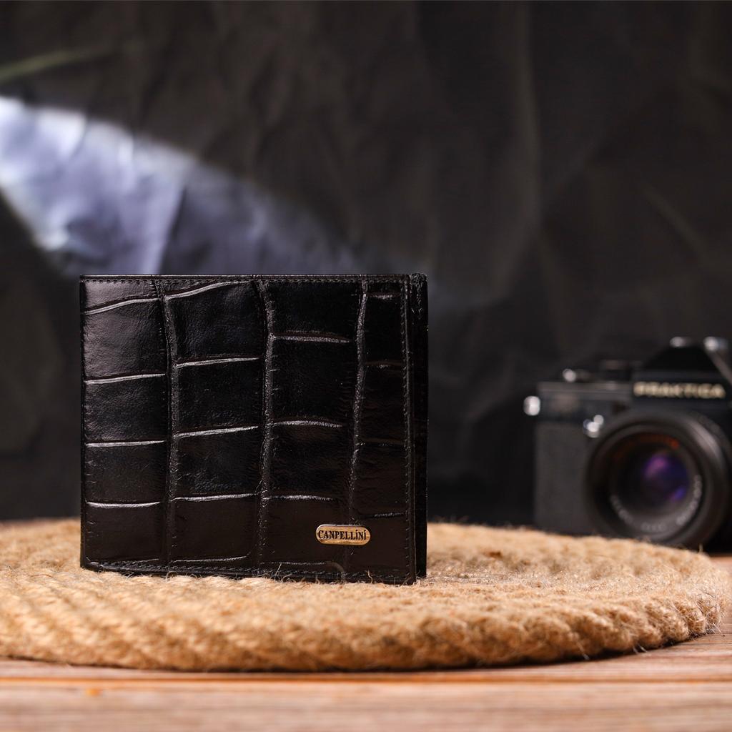 Качественный мужской кошелек в два сложения из натуральной фактурной кожи с тиснением под крокодила CANPELLINI Purse 21584 Черный