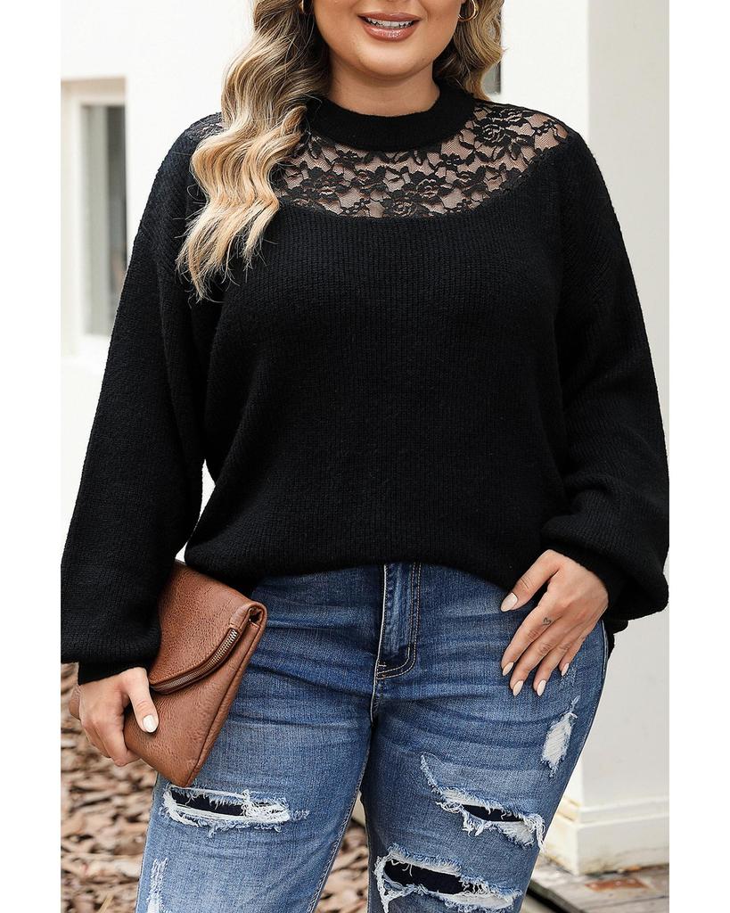 Azura Exchange Black Plus Size Ribbed Knit Lace Splicing High Neck Sweater