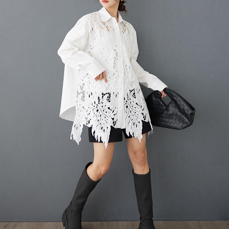 DIMANAF 2025 Женская весенняя рубашка, кружевная блузка, сшитая с длинным рукавом, пуговицы, модные топы, футболки, свободные белые футболки, новые