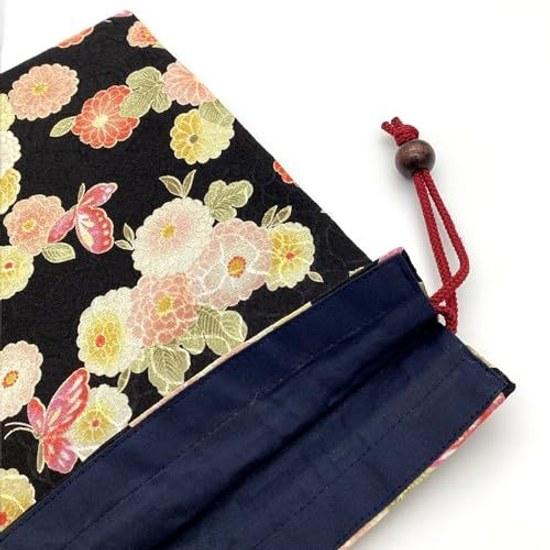 Kyosuke Japan-made Goshuincho case bag drawstring cotton 100 approximately 26.518cm kinran button butterfly black peony Japanese pattern floral large