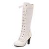 Fashion Women's Round Toe Knee High Boots Leather Lace Hollow Out Punk Lace-Up Steampunk High Heel Shoes Plus Size 34-50 White Red Black