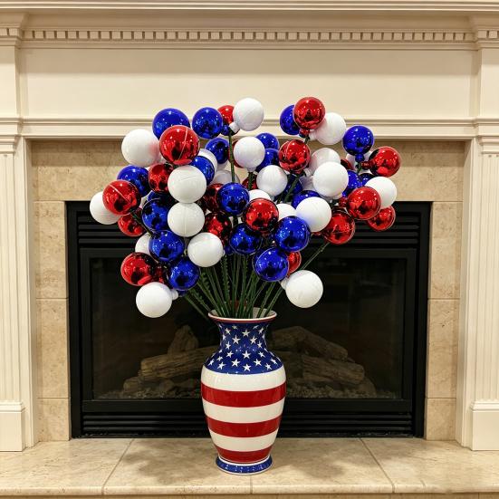 Independence Day Colorful Balls And Branches, Red White Blue Floral Poles, Reusable Plastic Foam Spheres, Vase Cake Decoration, Patriotic Party Decor