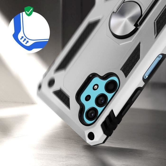 Coque pour Samsung A32 5G (6,4") Argente Anneau Support Metal Bordure Silicone Plaque Métallique Au Dos Solide