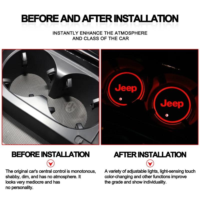 2PCS Waterproof Anti-Slip LED Car Cup Holder Luminous Coaster for Jeep Renegade Wrangler JK JL Grand Cherokee Compass Gladiator ANR1