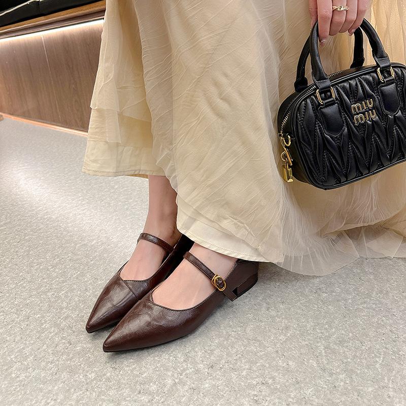 Версия из овчины остроносые кожаные туфли Мэри Джейн ретро низкий каблук универсальные туфли на плоской подошве