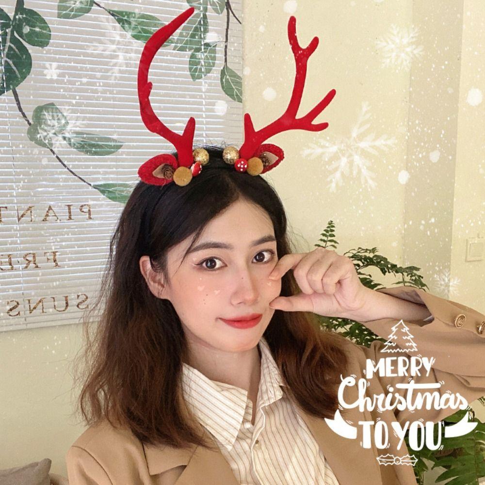 Bowknot Christmas Headband Plush Ball Elk Hair Hoop Funny Antlers Headband Festival Decoration