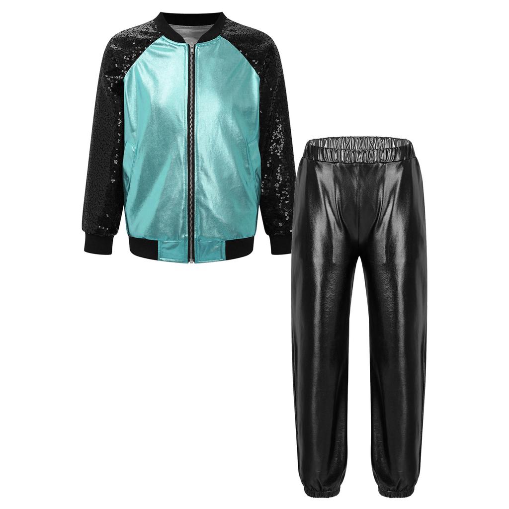 Детская куртка на молнии с длинными рукавами и блестками для девочек и штаны цвета металлик для танцевального выступления в стиле хип-хоп