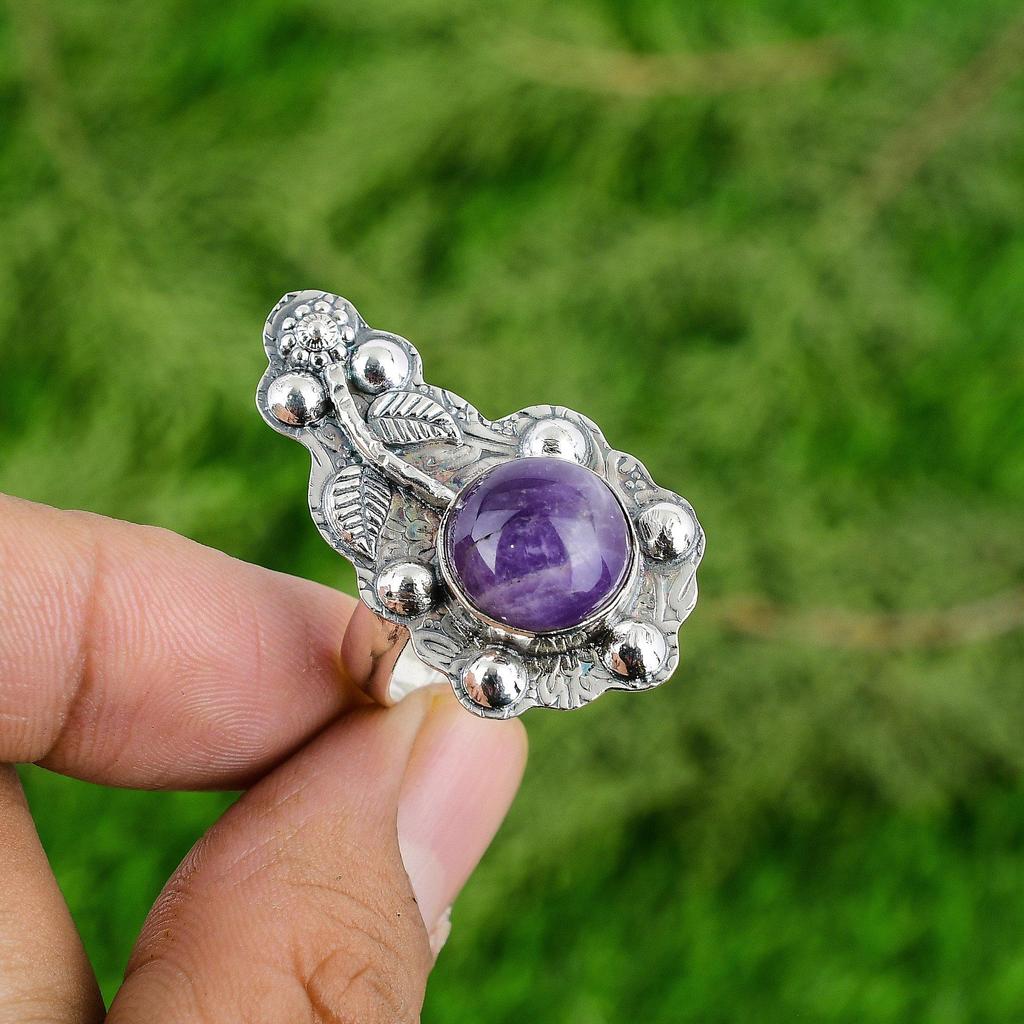 Chevron Amethyst Gemstone Sterling Silver New Solitaire Flower Crown Chakra Ring