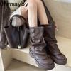 Fashion Vintage Women Western Cowgirl Boots Fashion Belt Buckle Shoes Autumn Winter Thick Heel Ladies Modern Short Booties