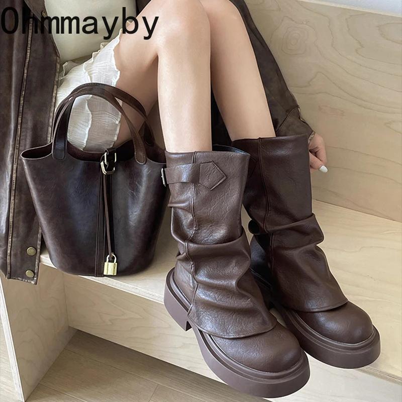 Fashion Vintage Women Western Cowgirl Boots Fashion Belt Buckle Shoes Autumn Winter Thick Heel Ladies Modern Short Booties