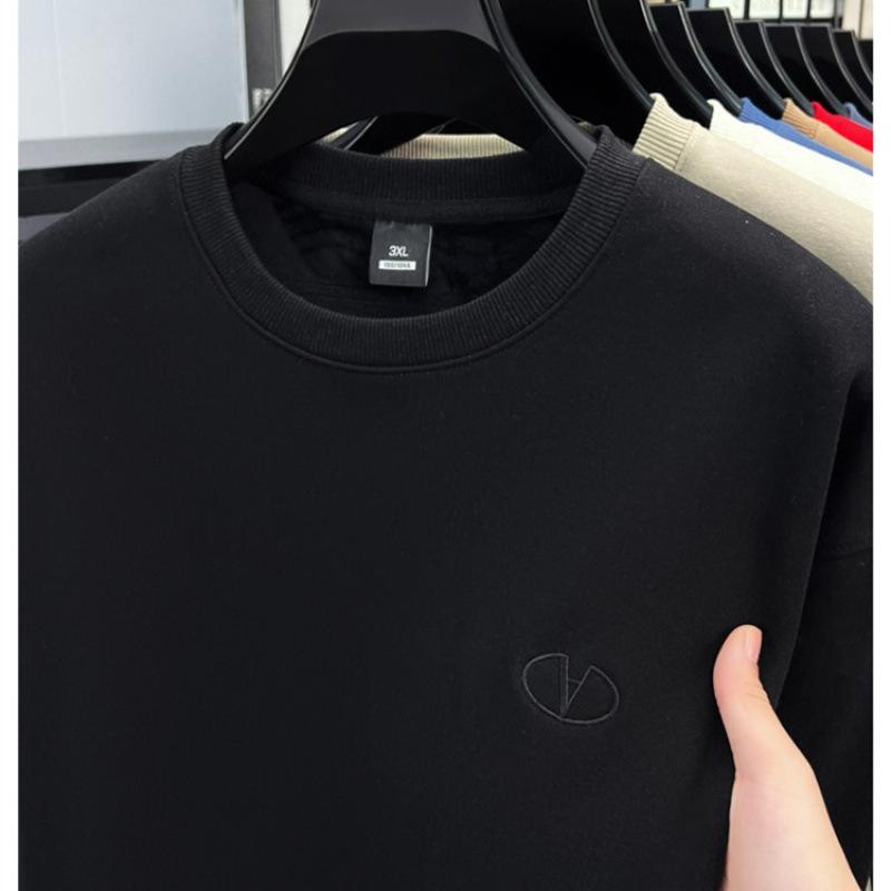 High-End Men's Royal Blue Embroidered Sweatshirt, Round Neck, Velvet-Lined for Autumn/Winter Warmth