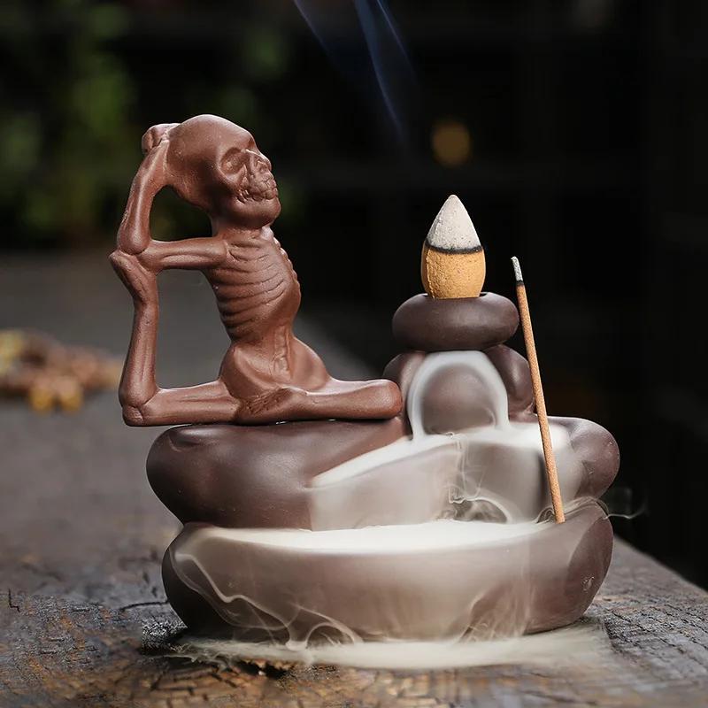 Halloween Ornament Skull Backflow Incense Burner Purple Clay Incense Stick Holder, Aromatherapy Home Decor Censer (No Incense)