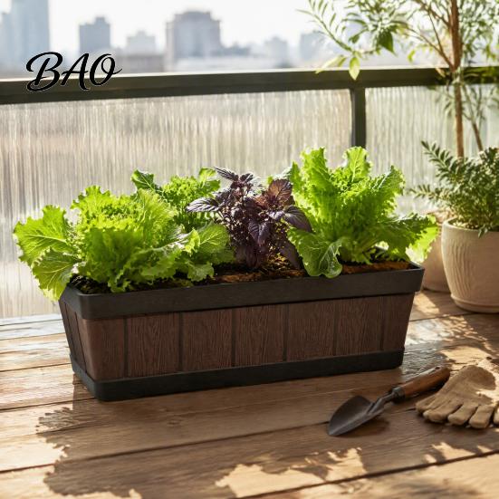 Thickened Durable Plant Containers 18 Inch Rectangular Planter Box, Imitation Wood Grain Window Box Planter, Plastic Vegetables Portable Flower