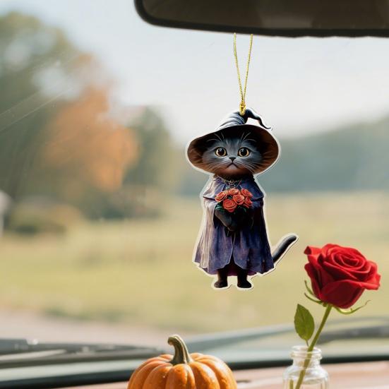 Car Mirror Hanging Decoration Cartoon Witch Cat/Kids 2D Flat Acrylic Pendant Halloween Car Rearview Mirror Ornament
