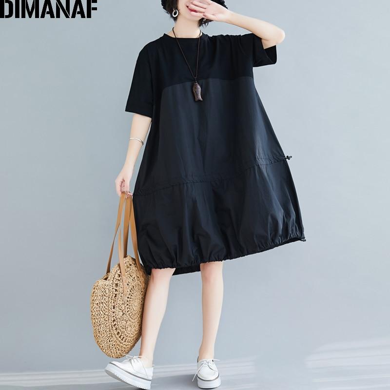 Dimanaf Женское платье больших размеров, летнее и весеннее хлопковое женское платье, свободная плиссированная одежда, повседневное сшитое платье, однотонный черный сарафан