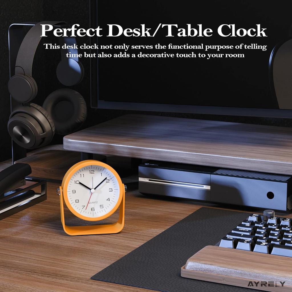 3.5 Inch Analogue Alarm Clock Silent Non-Ticking Bedside Clock Adjustable Angle Desk Clock with Light