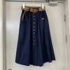 Cotton Midi Skirt With Belt Women Single -Breasted Large Pockets High Waist A -Line Skirt Autumn Summer Korean Fashion Long Skirt