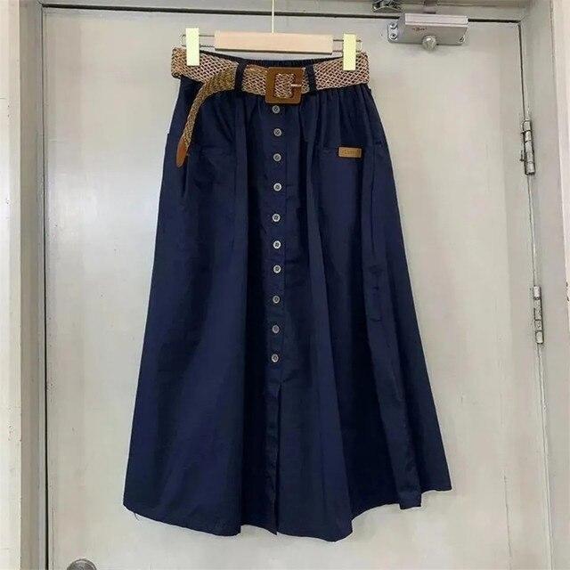 Cotton Midi Skirt With Belt Women Single -Breasted Large Pockets High Waist A -Line Skirt Autumn Summer Korean Fashion Long Skirt