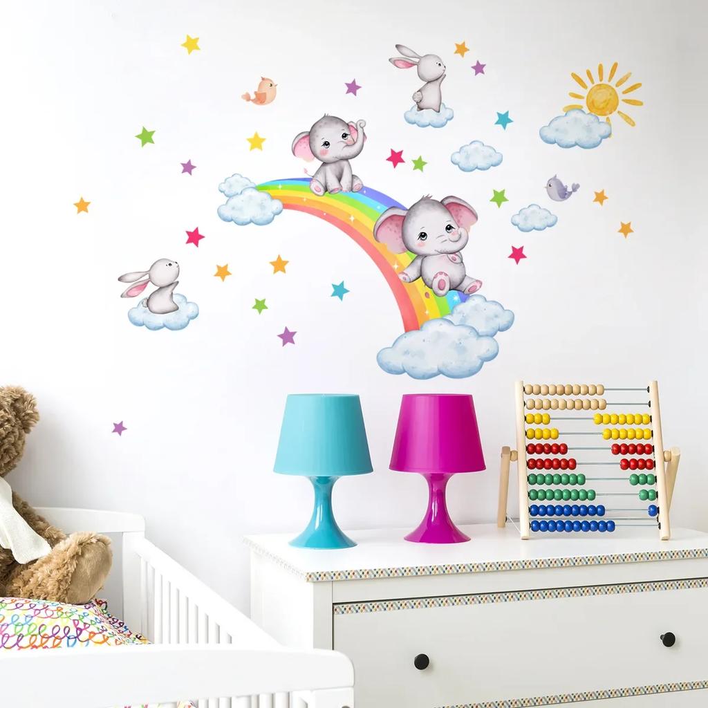 Наклейки на стену со слонами «Радуга и облака» для детской комнаты и фонового украшения стен в комнате — самоклеящиеся настенные рисунки