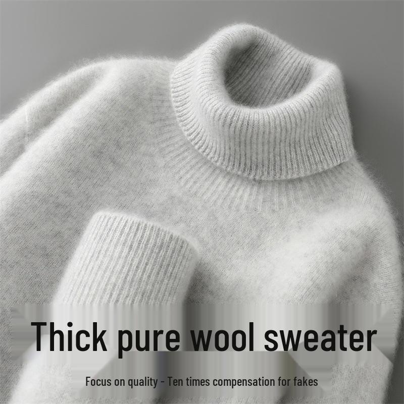 Men's High-Neck 100% Pure Wool Sweater: Thick Long-Sleeve Pullover for Autumn/Winter, Loose Fit Knitted Base Layer.