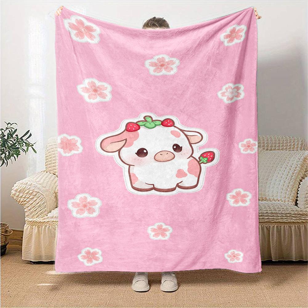 1pc cow strawberry blanket Lightweight Flannel Throw for Sofa Bed Travel Camping Livingroom Office Couch Chair