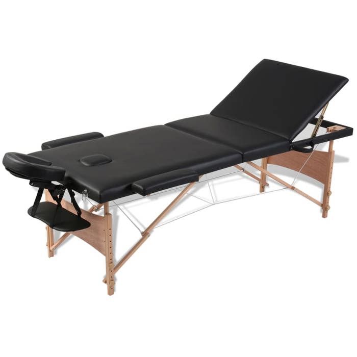 VidaXL Foldable Massage Table Black 3 Zones with Wooden Frame