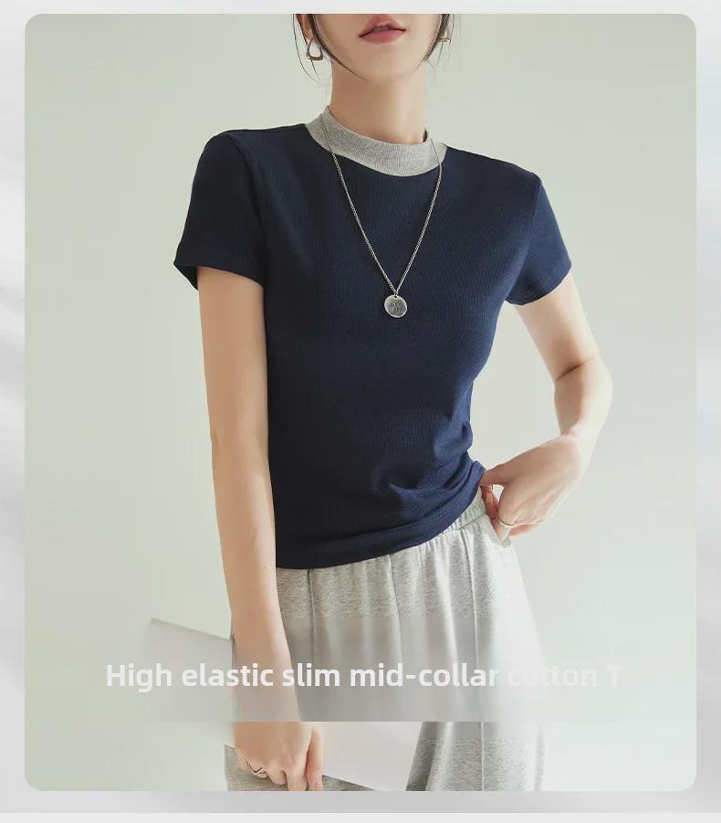 Шикарная приталенная футболка с коротким рукавом во французском стиле для женщин - эластичная, приятная на ощупь, круглый вырез, весна/лето 2025 г.