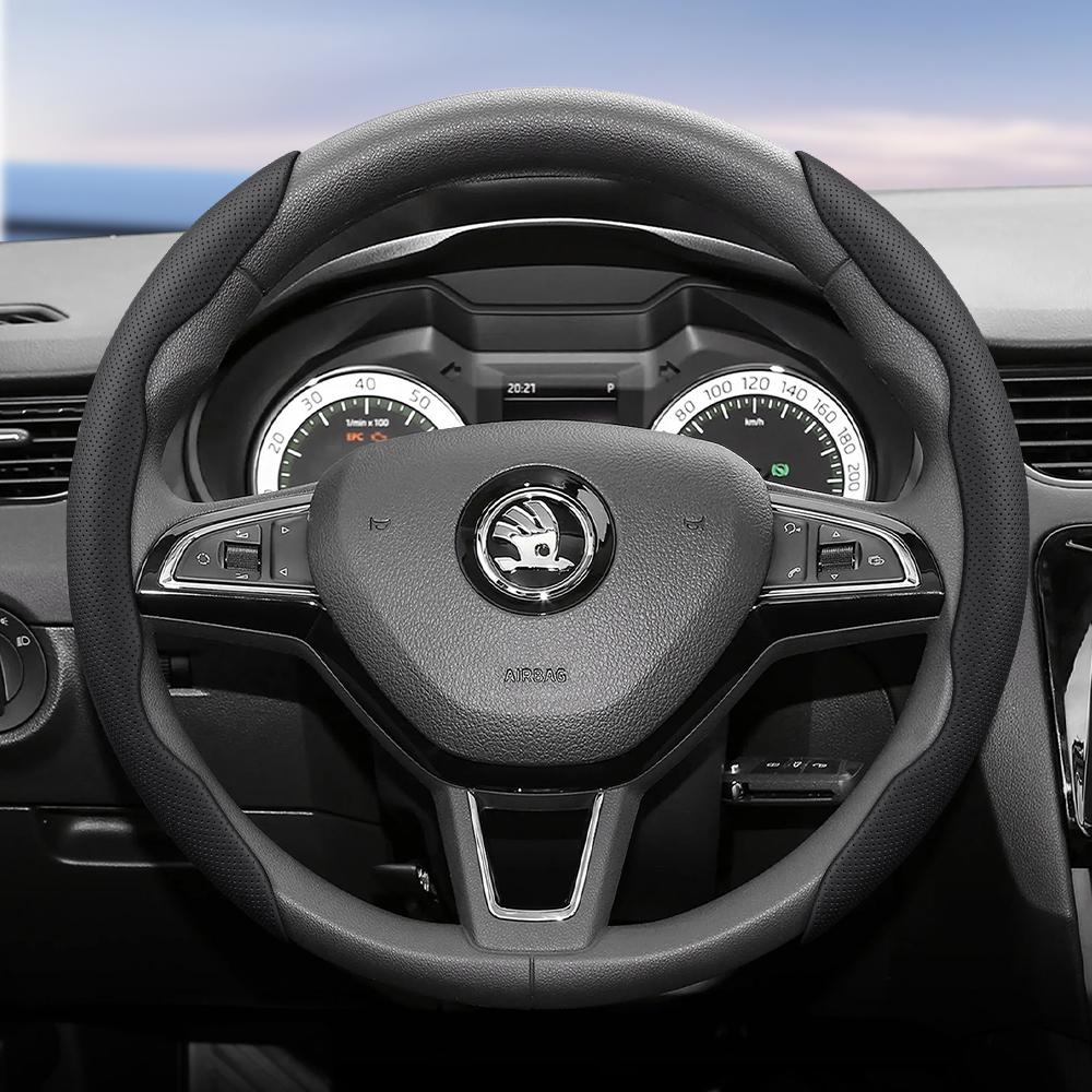 WFM1 Подходит для Skoda Дышащий кожаный чехол на руль с сегментированным дизайном и быстрой фиксацией, нескользящий и прочный, Octavia Rapid Kodiaq