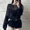 Women's Korean Casual Tops Black Vintage Gothic Blouses Hollow Knit Blouse Summer Loose Fitting Long Sleeve Thin Sweater
