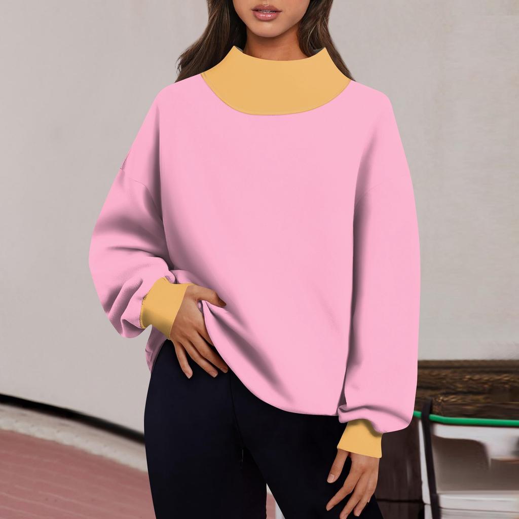 Женская мода с длинным рукавом и цветными блоками, свободная водолазка с разрезом и половиной водолазки, топ