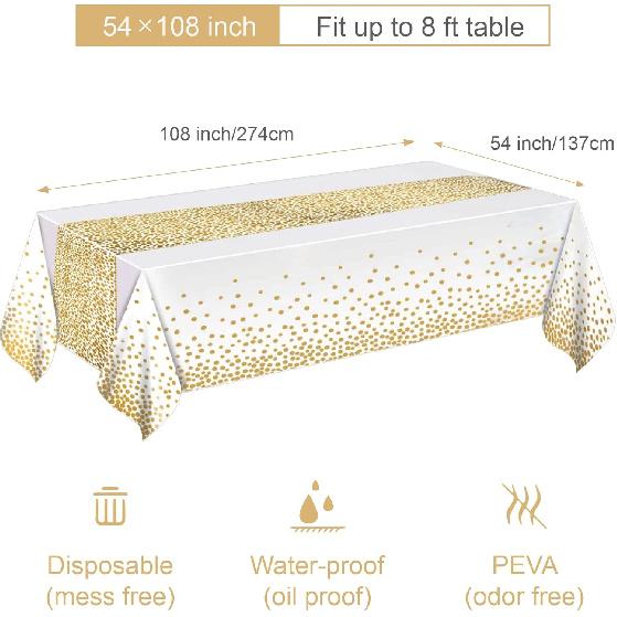 MOLFUJ 54" X 108" Белая и золотая пластиковая скатерть для вечеринки, 2 упаковки одноразовых белых скатертей для прямоугольного стола 8 футов, на день рождения, свадьбу