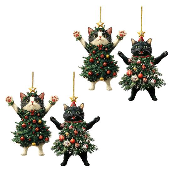 Christmas Cat In Christmas Tree Acrylic Hanging Ornament 2D Flat Car Rearview Mirror Charm Holiday Gifts for Cat Lovers