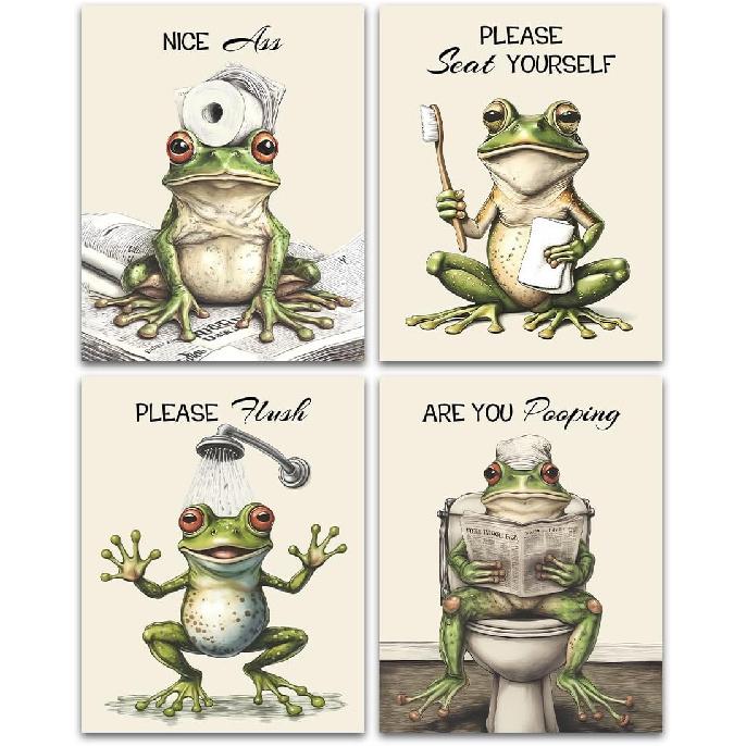 Funny Frog Bathroom Wall Art, Set of 4 Unframed 8x10 inch Posters