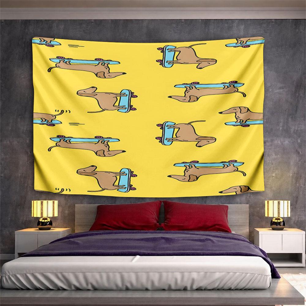 Dachshunds on Skateboards Yellow Pattern Pattern Wall Hanging Tapestry Decorative Tapestry Home Decor for Bedroom and Living Room